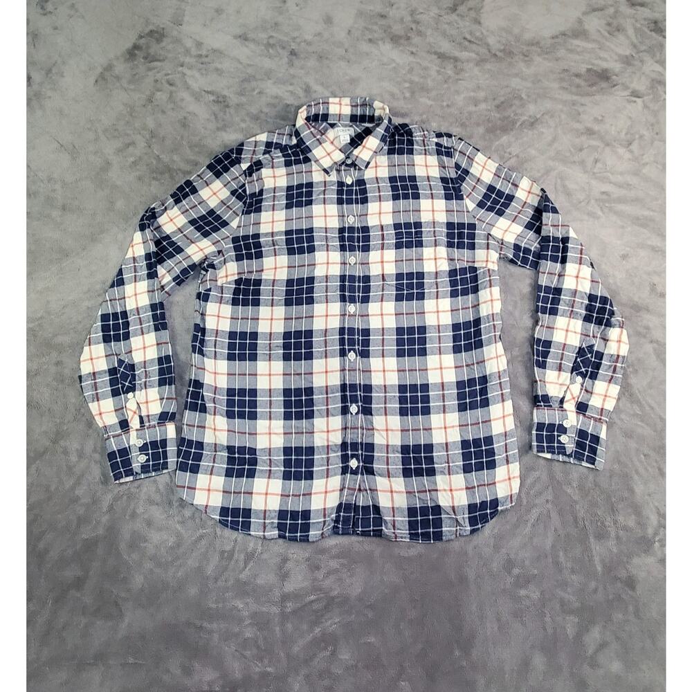 J.Crew Flannel Shirt Womens Sz L Blue Buffalo Check Long Sleeve Button Up C28-31